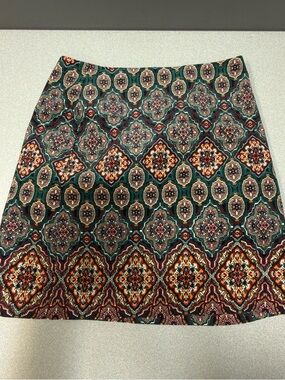 LOFT Patterned A-Line Skirt in Teal, Burgundy and Gold